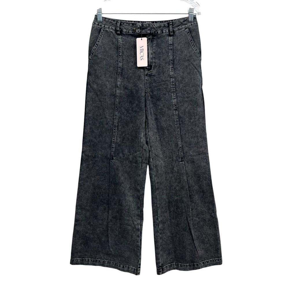Micas Womens Wide Leg Jeans High Waist Side Pockets Zip Fly Black Wash Sz M*